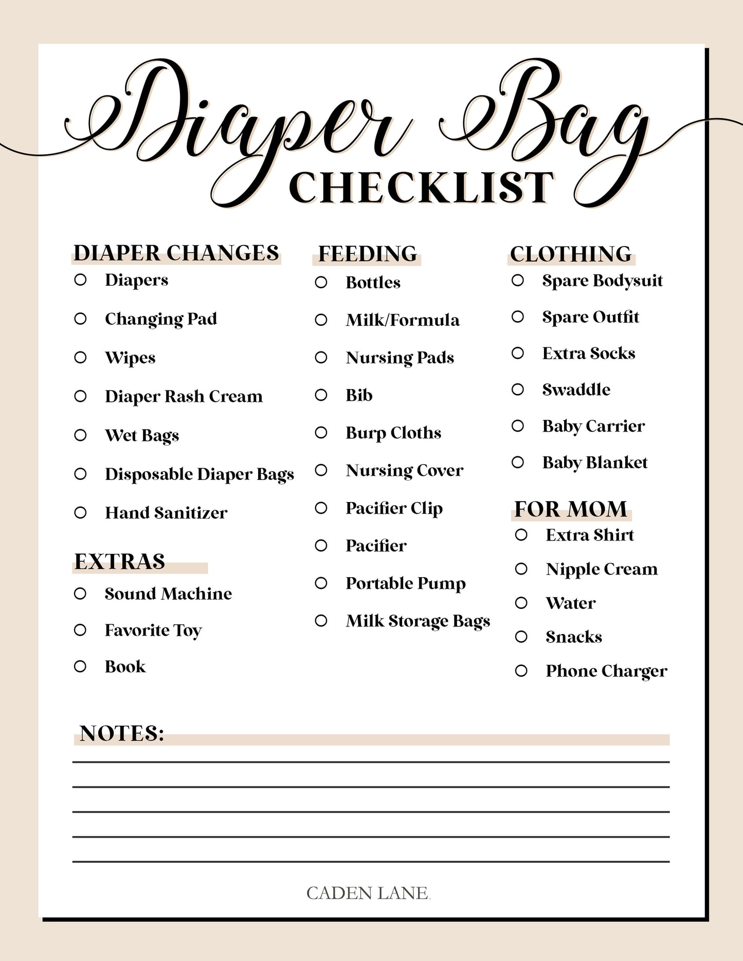 Diaper Bag Checklist - Free Digital Download