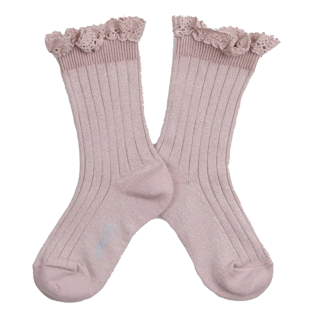Glitter Ribbed Lace Crew Sock - Old Rose
