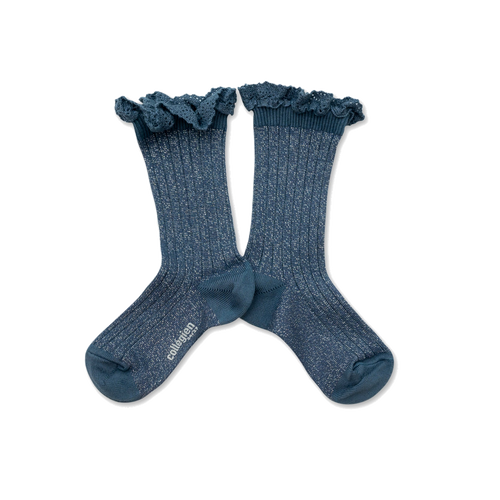Glitter Ribbed Lace Crew Sock - Cendre Blue