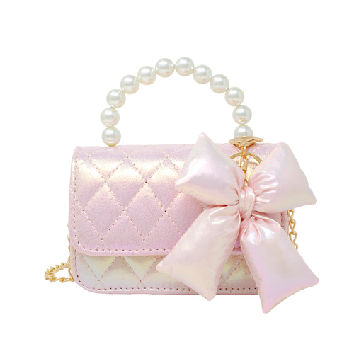 Shiny Quilted Fluffy Bow Handbag - Pink