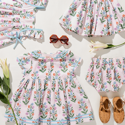 Girls Elowen Dress - Pink Dewdrop Block Print