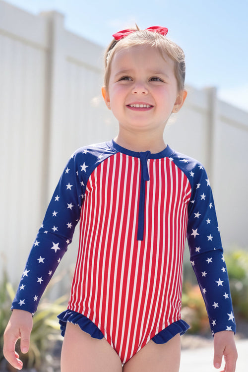 Long Sleeve Rash Guard with Front Zipper | Stars & Stripes Party