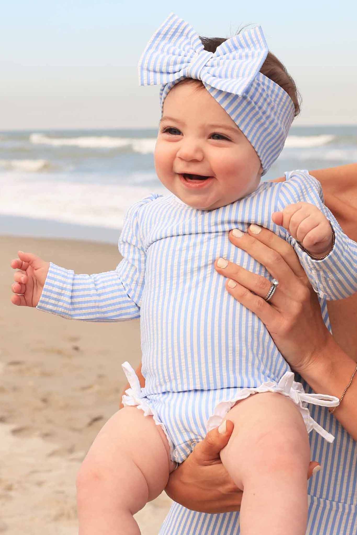 Long Sleeve Rash Guard With Ruffle Bottom | Seersucker Blue