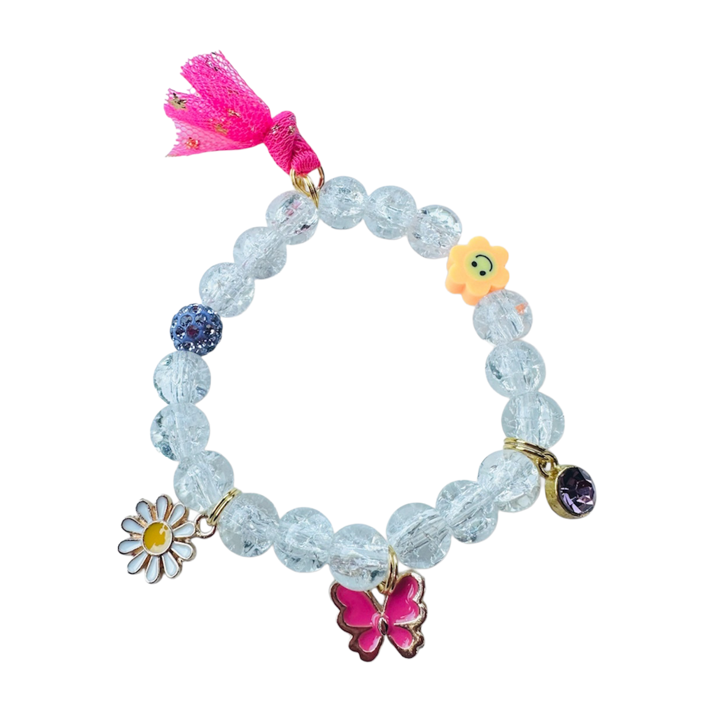 Pink Butterfly Blue Beaded Bracelet