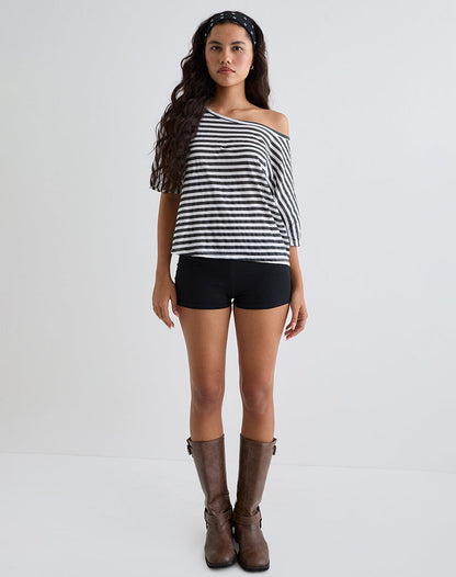 Daman Off Shoulder Basic Top in Ivory with Charcoal Stripe
