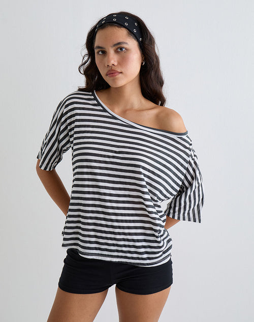 Daman Off Shoulder Basic Top in Ivory with Charcoal Stripe