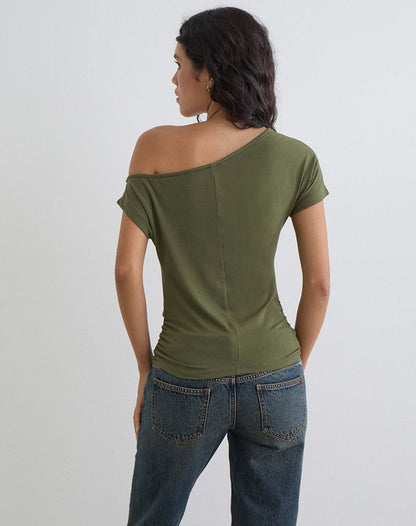 Danama One Shoulder Top in Rayon Jersey Grape with '28' Graphic