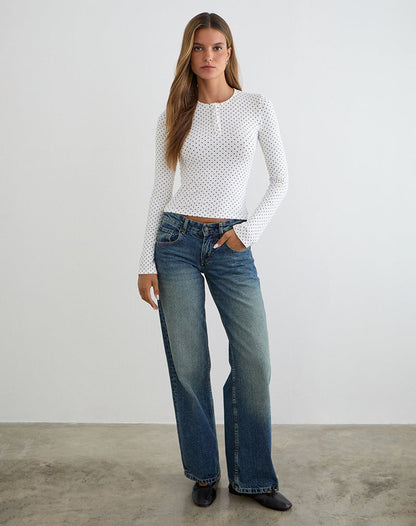 Delano Top in White with Micro Polka Black Print