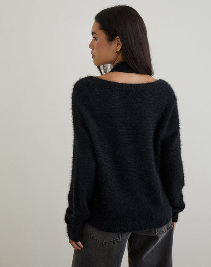 Dikara Jumper with Scarf in Knit Black
