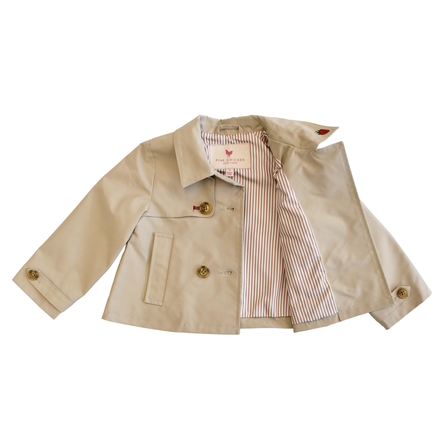 Girls Ramie Crop Trench - Strawberry Embroidery