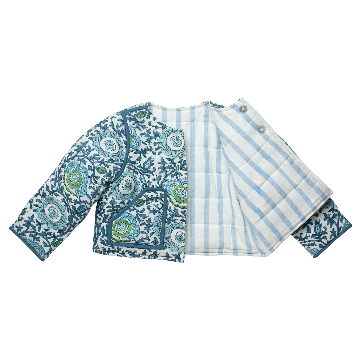Girls Reversible Quilted Jacket- Blue Lisbon Floral