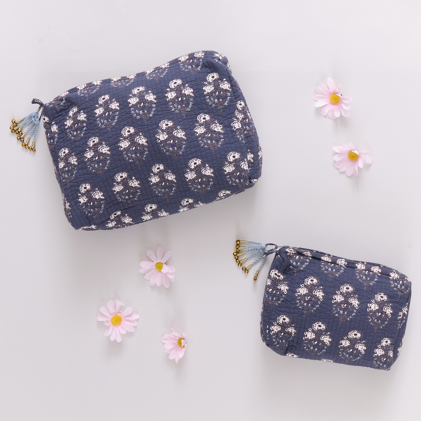 Large Quilted Pouch - Navy Strawflower