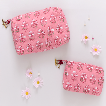 Large Quilted Pouch - Pink Strawflower