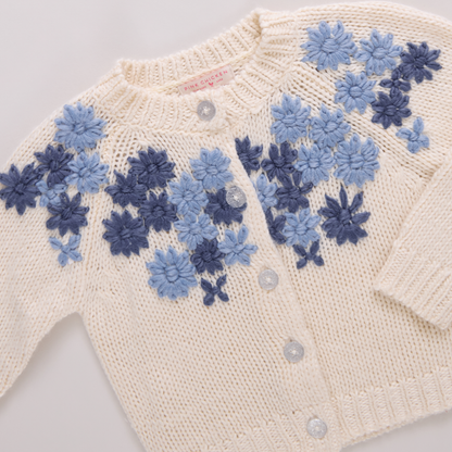 Girls Blossom Sweater - Blue Embroidery Flowers
