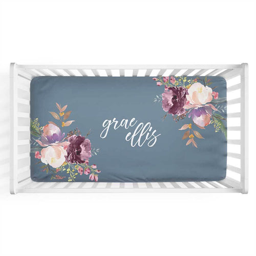 Grae's Dusty Blue Floral Personalized Crib Sheet