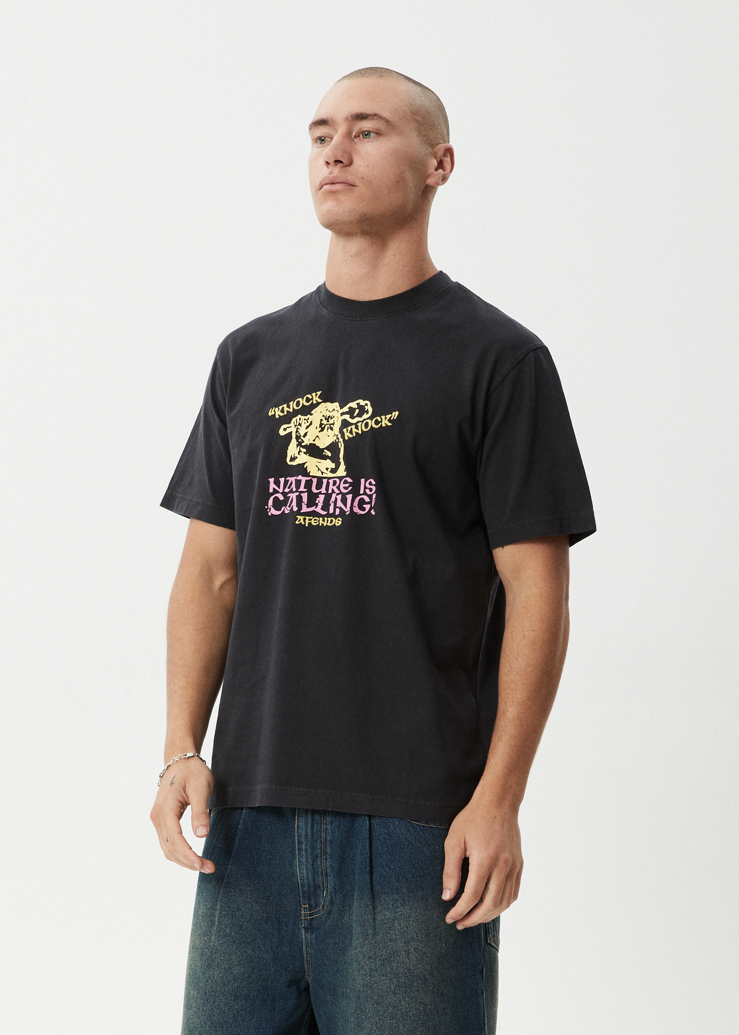 AFENDS Mens Knock Knock - Retro Tee - Stone Black