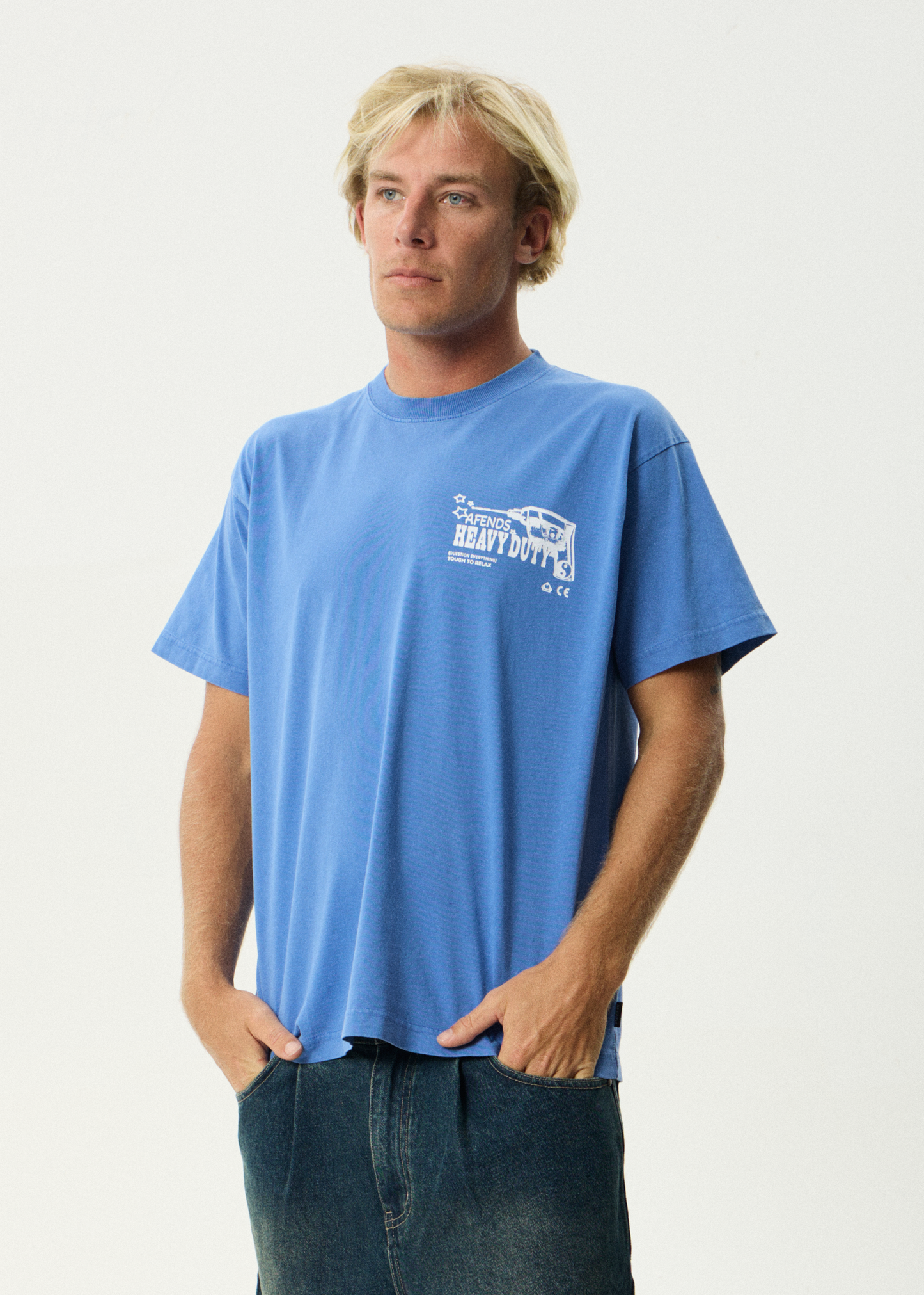 AFENDS Mens Heavy Duty - Heavyweight Boxy Tee - Washed Marina