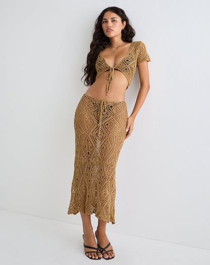 Diora Tie Front Skirt in Crochet Camel