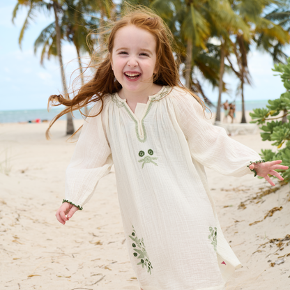 Girls Ava Dress - Green Embroidery