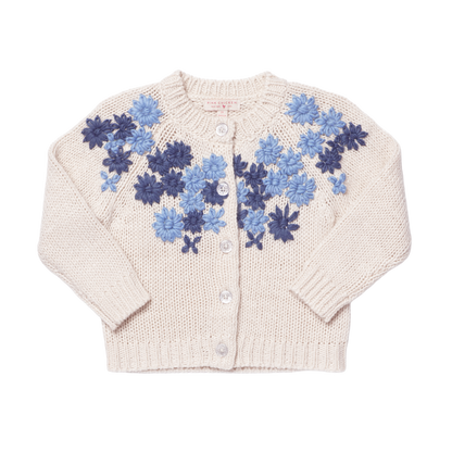 Girls Blossom Sweater - Blue Embroidery Flowers