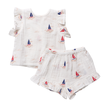 Girls Roey 2-PC Set - Sailboat Embroidery
