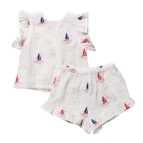 Girls Roey 2-PC Set - Sailboat Embroidery
