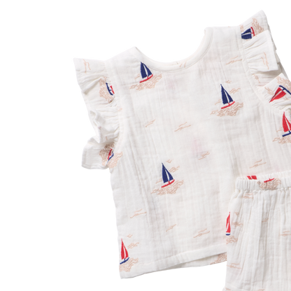 Girls Roey 2-PC Set - Sailboat Embroidery