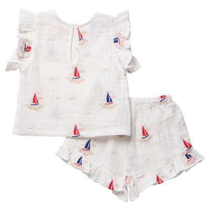 Girls Roey 2-PC Set - Sailboat Embroidery