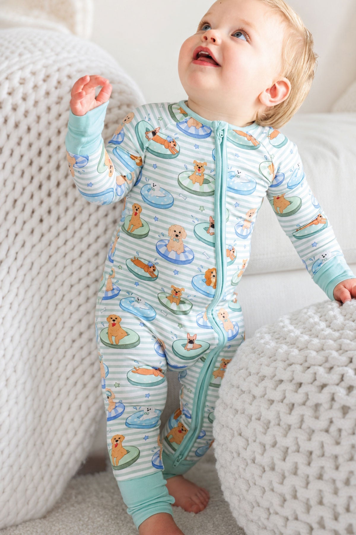 Convertible Bamboo Zip Romper | Poolside Pups Blue