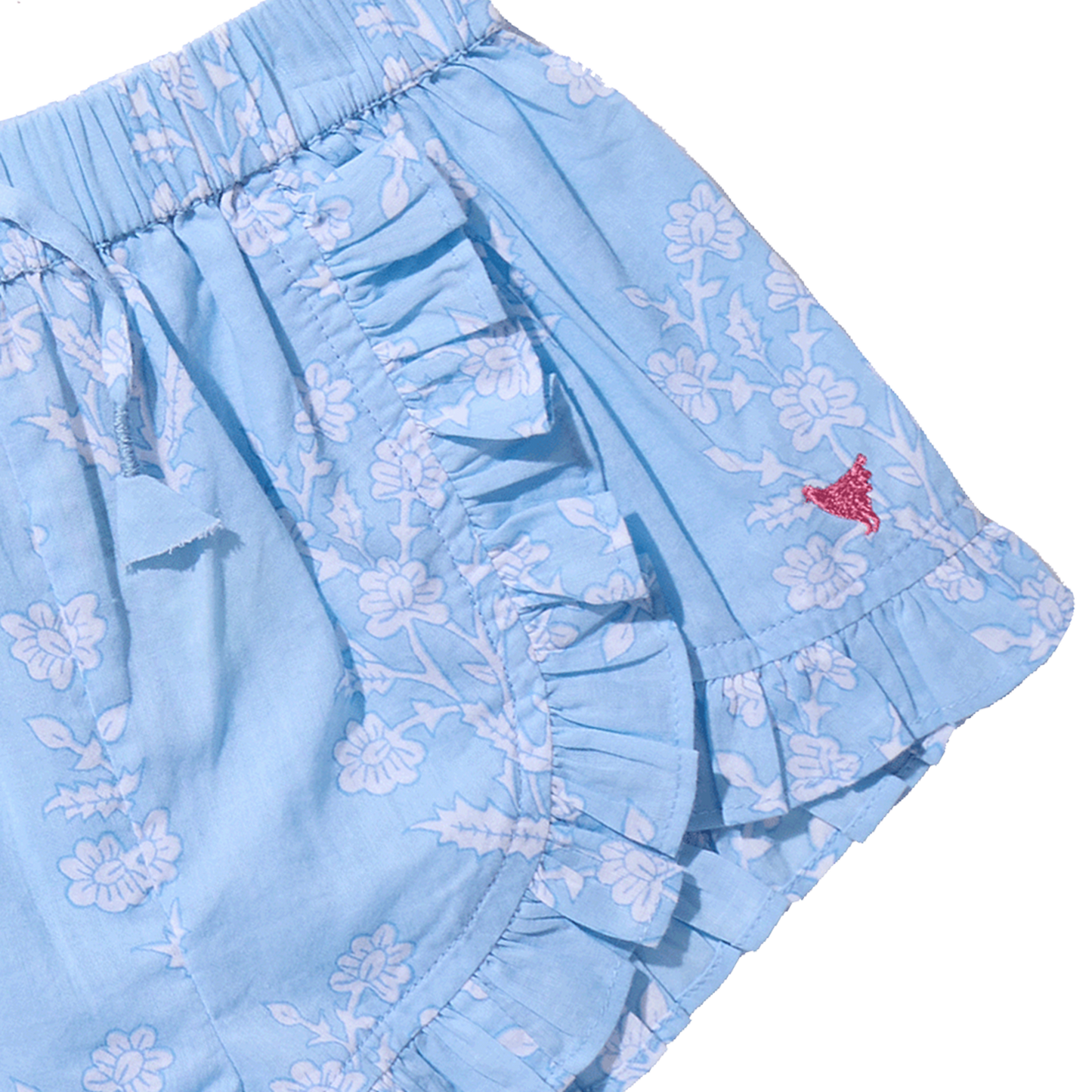 Girls Millie Ruffle Short - Blue Dewdrop Block Print