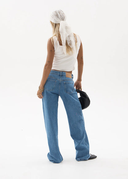 AFENDS Womens Alyra - Low Rise Wide Leg Jean - Worn Blue