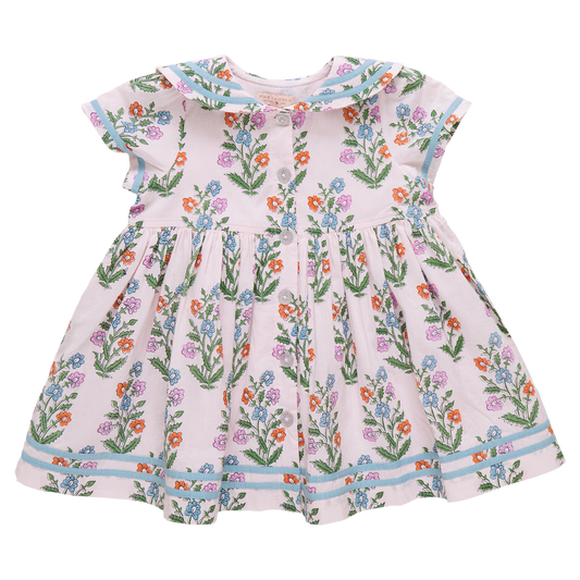 Girls Elowen Dress - Pink Dewdrop Block Print