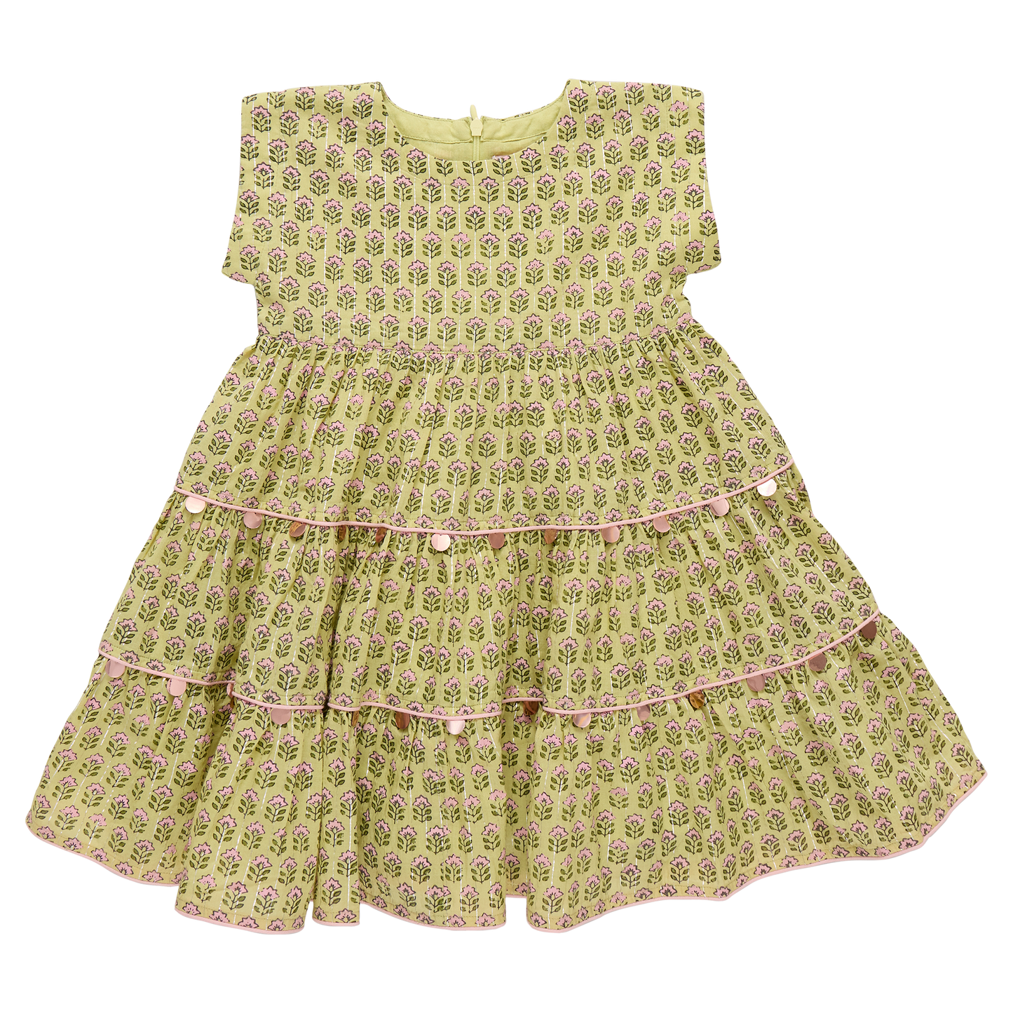 Girls Peachy Dress - Green Prairie Block Print