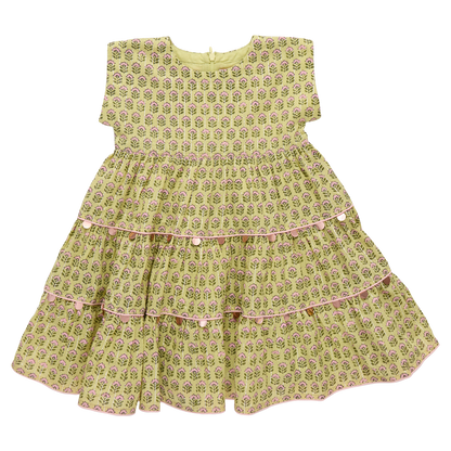 Girls Peachy Dress - Green Prairie Block Print