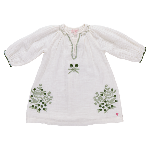 Girls Ava Dress - Green Embroidery