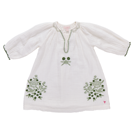 Girls Ava Dress - Green Embroidery