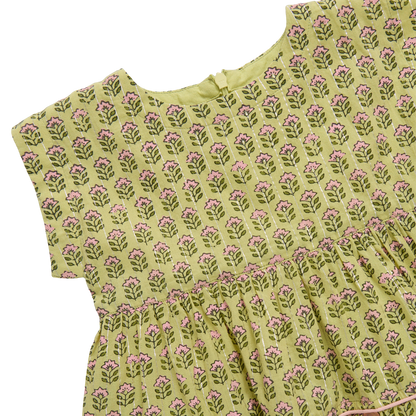 Girls Peachy Dress - Green Prairie Block Print