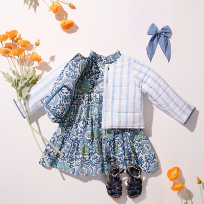 Girls Reversible Quilted Jacket- Blue Lisbon Floral