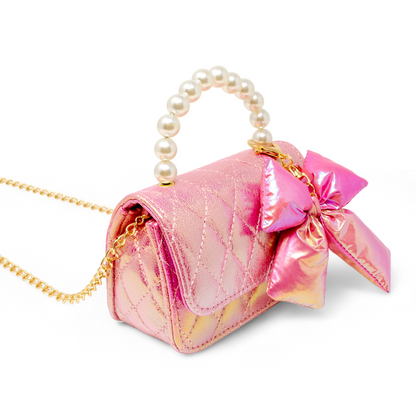 Shiny Quilted Fluffy Bow Handbag - Hot Pink
