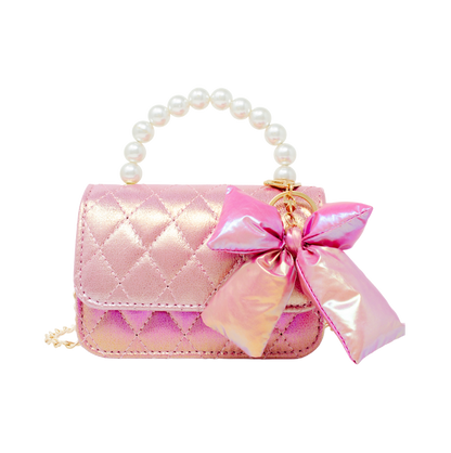 Shiny Quilted Fluffy Bow Handbag - Hot Pink