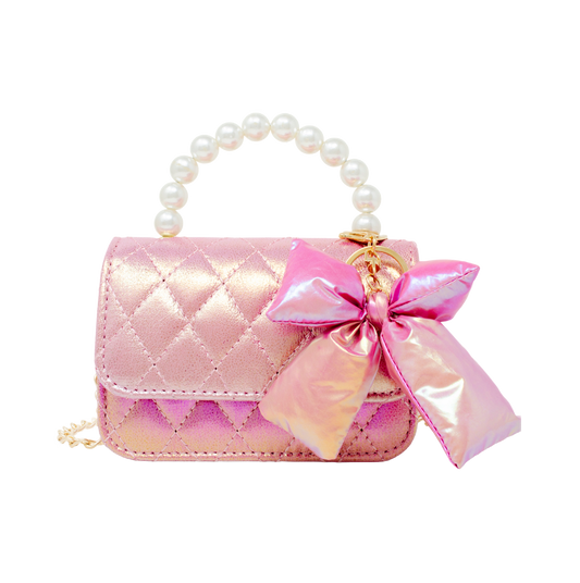 Shiny Quilted Fluffy Bow Handbag - Hot Pink