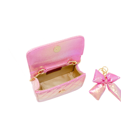 Shiny Quilted Fluffy Bow Handbag - Hot Pink