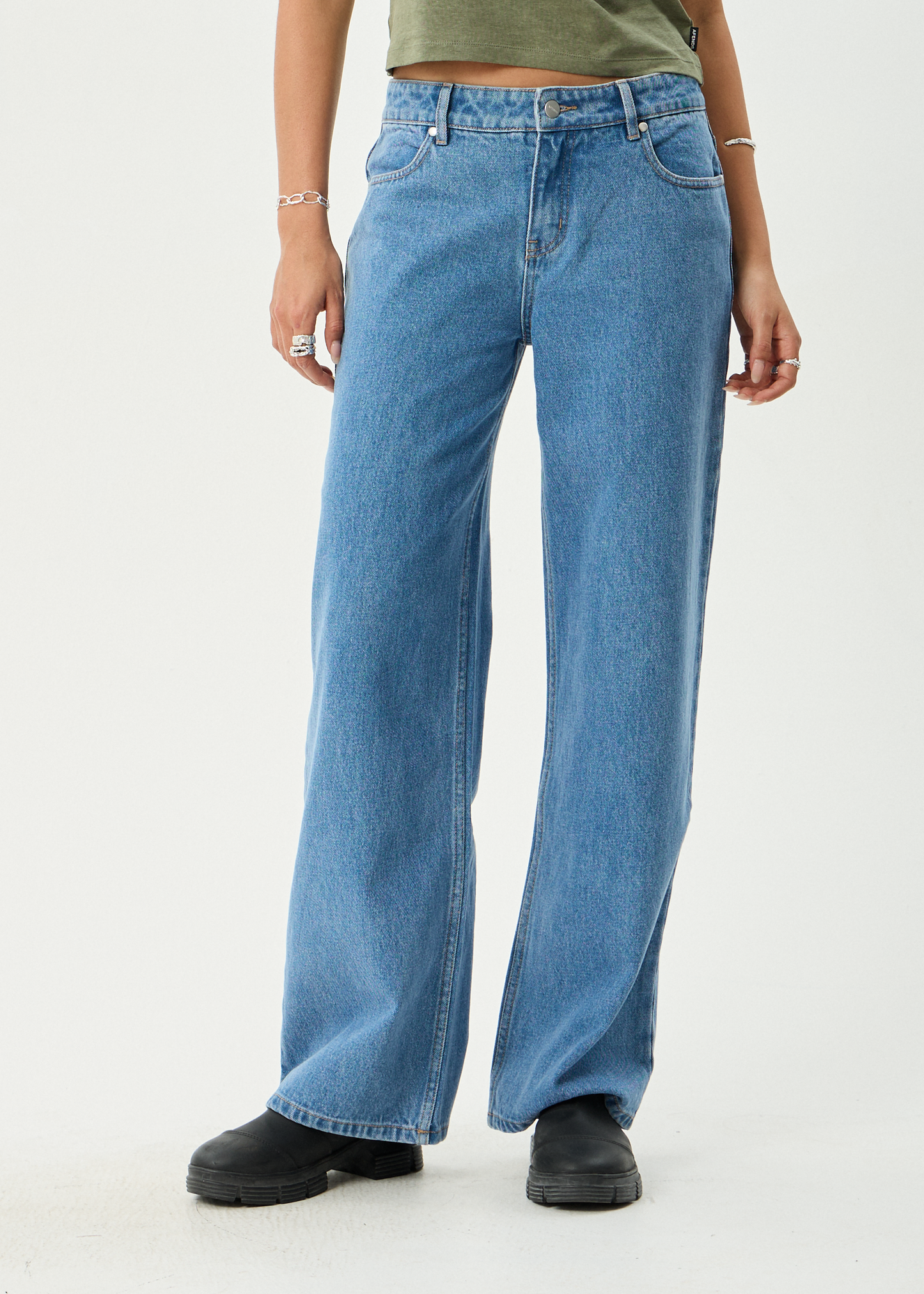 AFENDS Womens Alyra - Low Rise Wide Leg Jean - Worn Blue