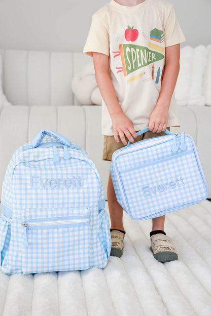 Kids Embroidered Lunchbox | Blue Gingham