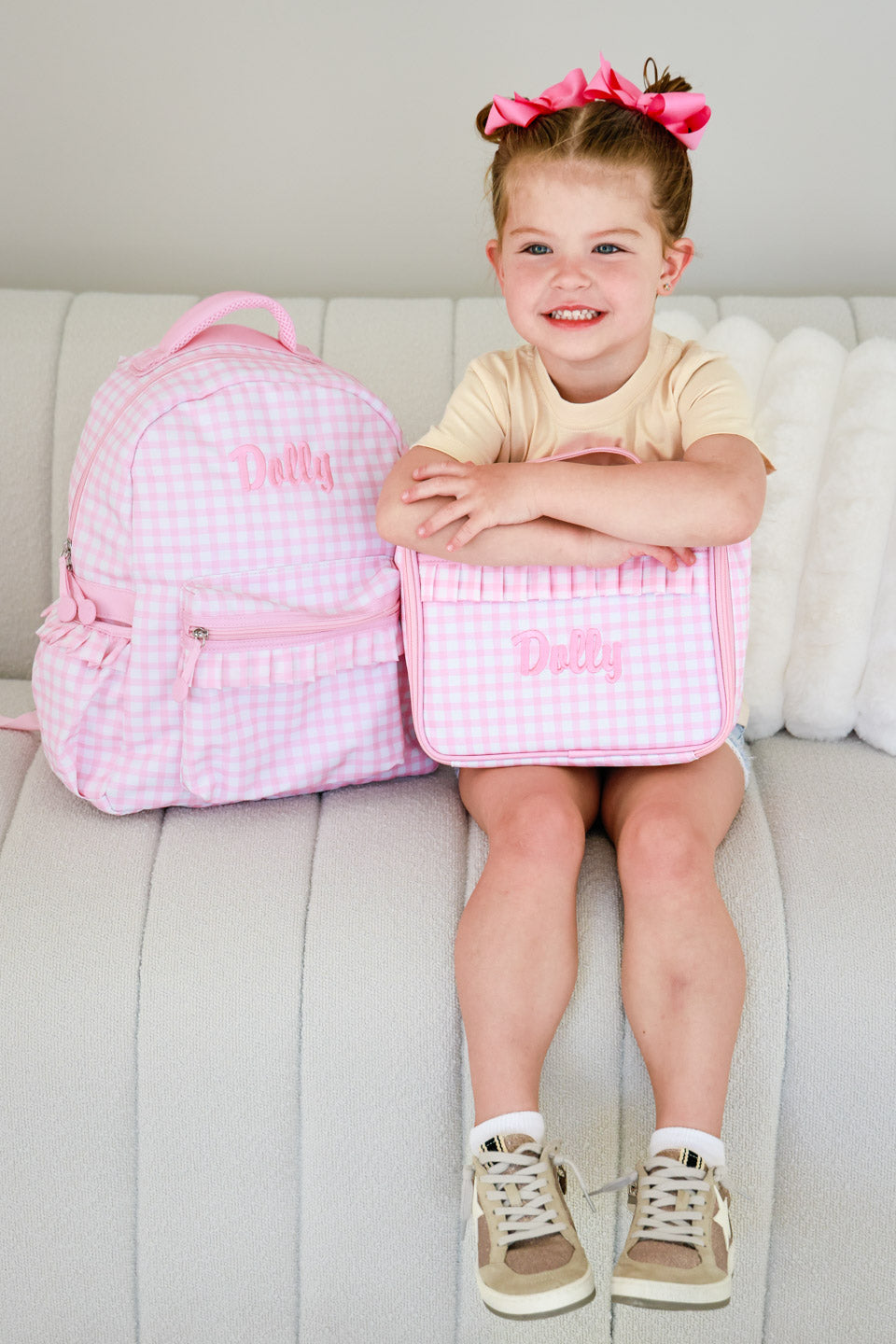 Kids Embroidered Ruffle Lunchbox | Pink Gingham