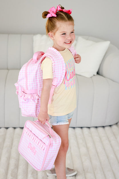 Kids Embroidered Ruffle Backpack | Pink Gingham