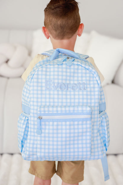 Kids Embroidered Backpack | Blue Gingham