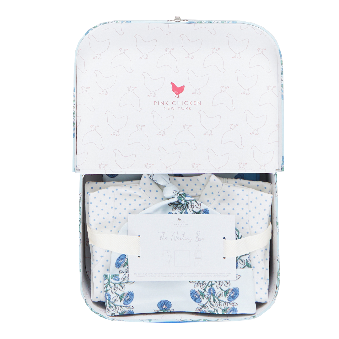 Nesting Box Baby Take Home Set - Blue Bouquet Floral Block Print