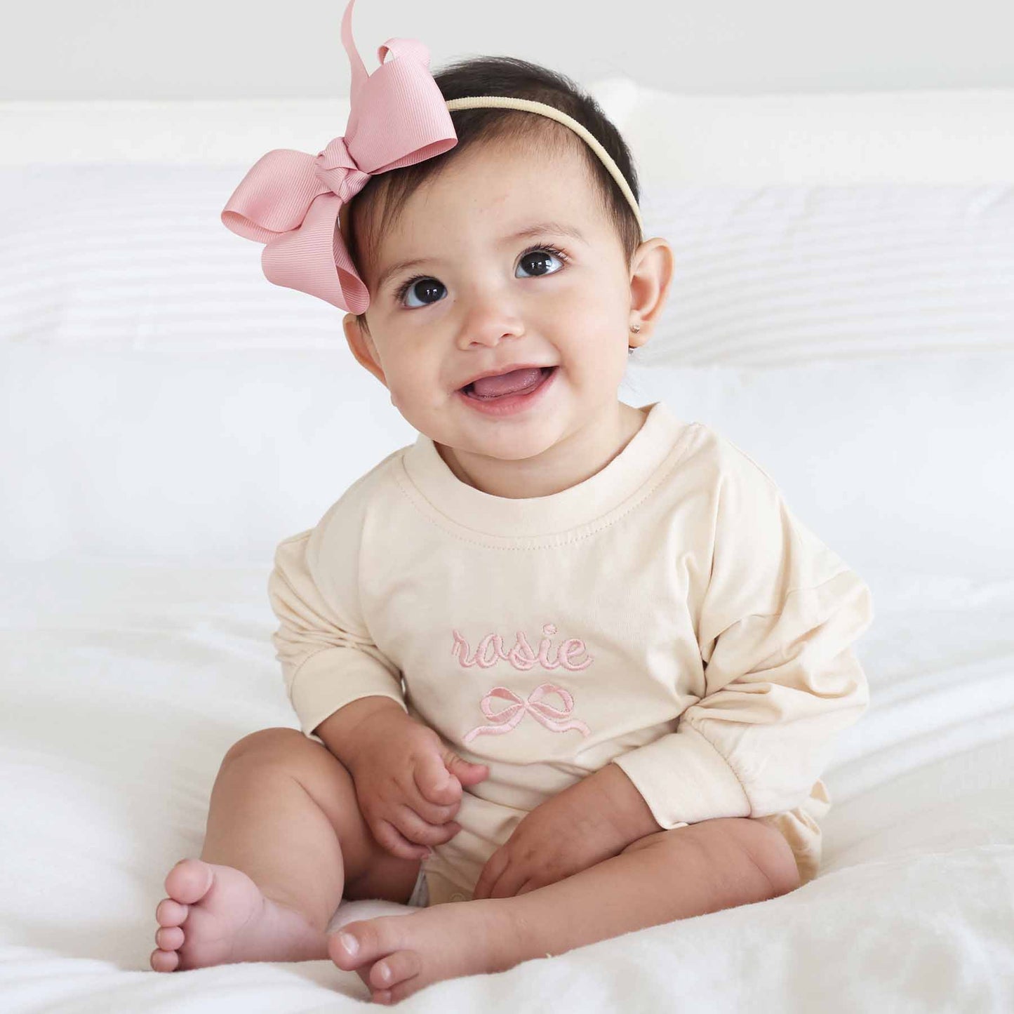 Embroidered Bow Long Sleeve Bubble Romper | Natural