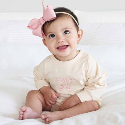 Embroidered Bow Long Sleeve Bubble Romper | Natural